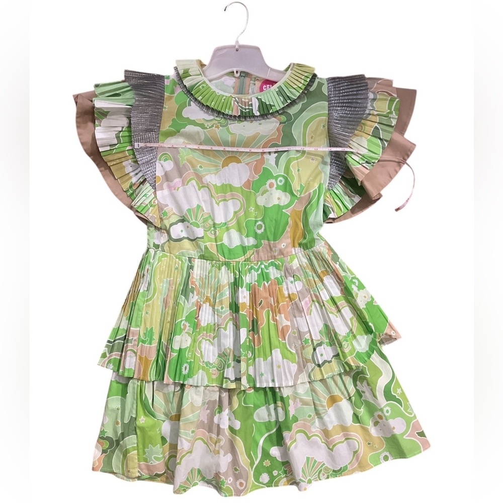 Celia B Ava Pleated Mini Dress Green silver Sun Cloud Moon Flutter Sleeve M RARE - Picture 4 of 5